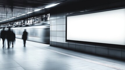 Blurred Figures of Commuters in a Subway Station with a Blank Advertising Display : Generative AI