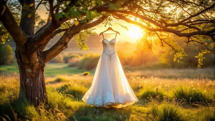 Ethereal Bridal Gown Hanging on Tree Branches in Meadow - Low Light Photography