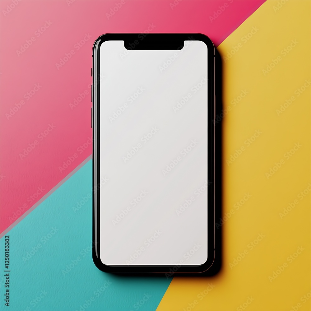 Poster Trendy mobile phone placed on colorful geometric background with pristine display : Generative AI