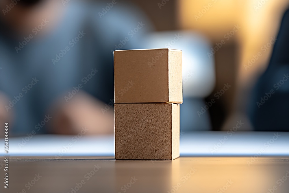 Fototapete Two simple wooden blocks carefully stacked above one another on a table with a softly blurred background enhancing focus : Generative AI