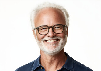 Portrait of a happy senior man with white hair and a beard, wearing glasses, set against a clear white background. 