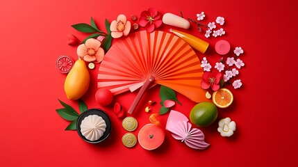 Vibrant Paper Crafts and Fan: A Festive Red Background Composition AI Generated
