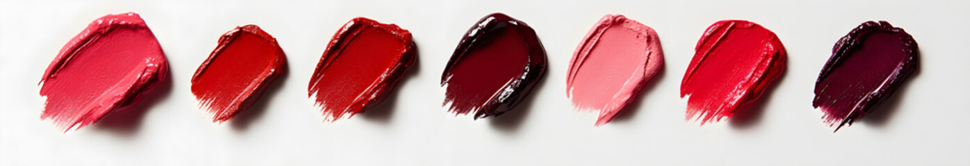 Set of different red and dark pink lipstick smears isolated on a white background. 