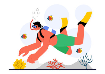 Diving Sport Vector Illustration Featuring Underwater Swimming Equipment for Exploring Coral Reefs, Sea Flora and Fauna, and Marine Life in the Ocean