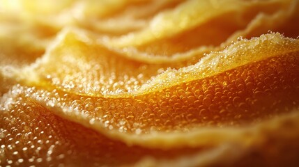 Golden fish eggs close-up, textured surface, sunlight, background blurred, food packaging
