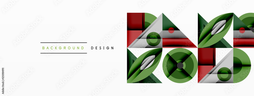 Poster Geometric abstract composition with intersecting shapes, circles, triangles, and gradients, blending vibrant colors and dynamic contrasts to create a modern, futuristic visual design