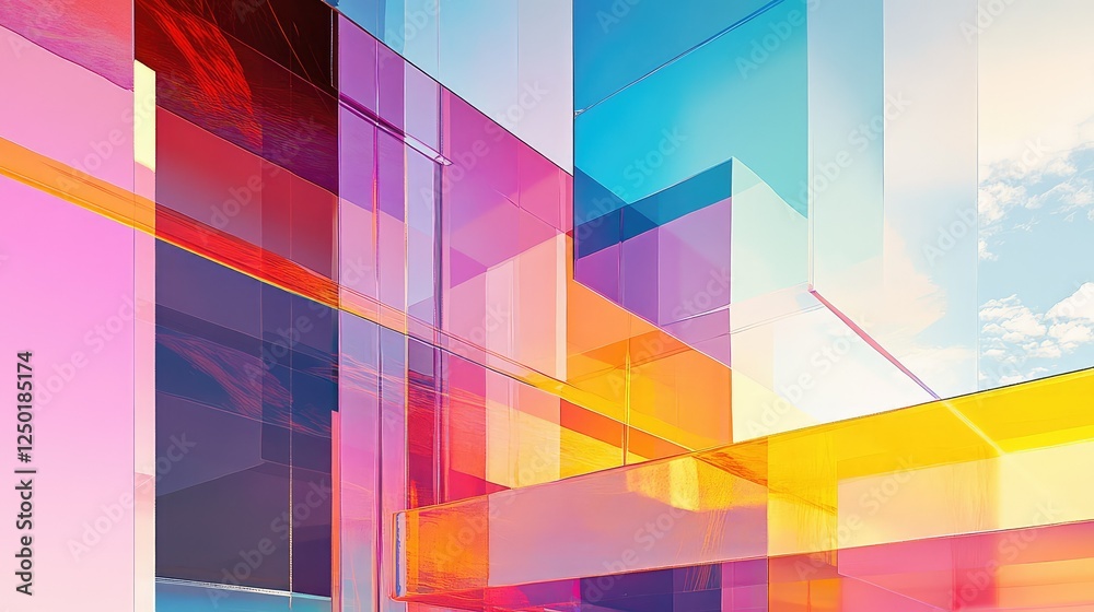 Poster abstract geometric composition of colorful glass blocks reflecting light and creating vibrant patter