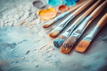 Fototapeta premium Paint brushes on a textured wooden background with artistic patterns and light effects