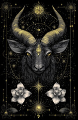 A black and gold drawing of a goat with horns and a yellow eye. The goat is surrounded by flowers and stars