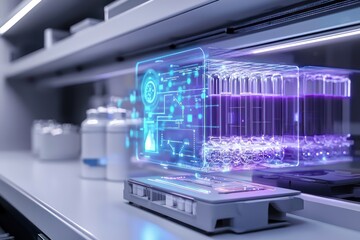 Fototapeta premium Advanced drug development facility, holography simulates potential drug effects using AI.