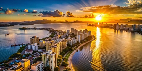 Fototapeta premium Florianopolis Drone Silhouette: Stunning Sunset Over Beaches & Lagoons
