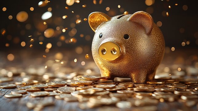 Golden piggy bank surrounded by scattered coins, reflecting light, symbolizing savings and wealth