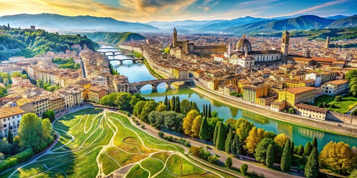 Florence Italy Topographic Map Double Exposure Vibrant Tuscan Hills Landscape Stock Photo