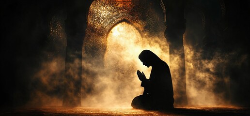 A serene silhouette of a praying figure in a mosque, ideal for religious themes, spirituality events, or promotions for places of worship, Ramadan, and meditation applications.