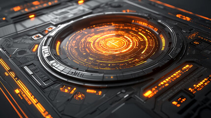 Futuristic interface with glowing orange circuits and metallic frame.