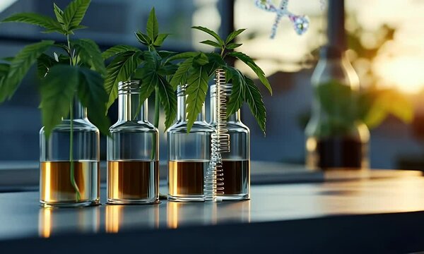 CBD lab experiment, cannabis plants in bottles, DNA research, sunset backdrop