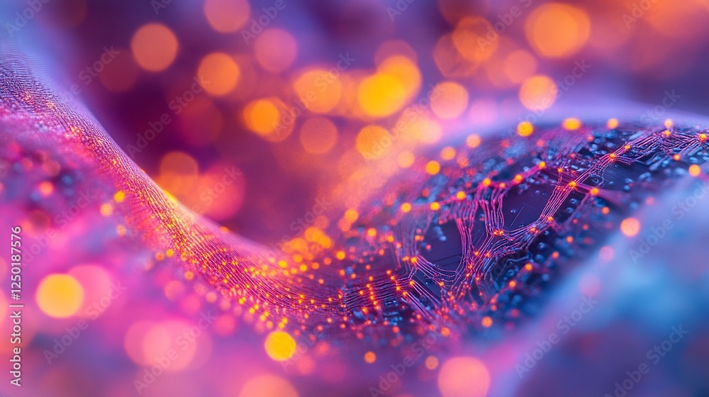 Poster abstract glowing wave with vibrant colors and bokeh lights, depicting a complex network or neural sy