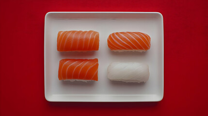 Salmon sushi, red background, platter, food photography, menu