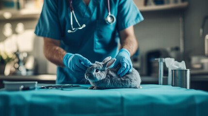 A veterinarian is examining a rabbit on the examination table, background of a veterinary clinic with medical instruments, Ai generated images