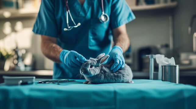 A veterinarian is examining a rabbit on the examination table, background of a veterinary clinic with medical instruments, Ai generated images