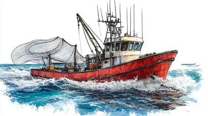 Powerful fishing trawler cutting through ocean waves, sketch style illustration.