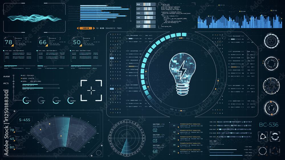 Wall mural blue digital lamp logo with head up display (hud ui) panel and futuristic technology abstract backgr