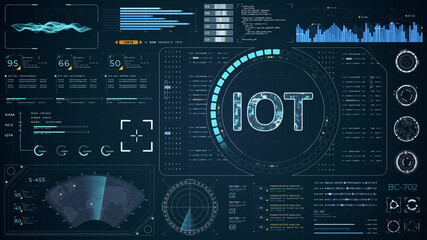 Blue digital IOT letter logo with head up display (HUD UI) panel and futuristic technology abstract background internet of things