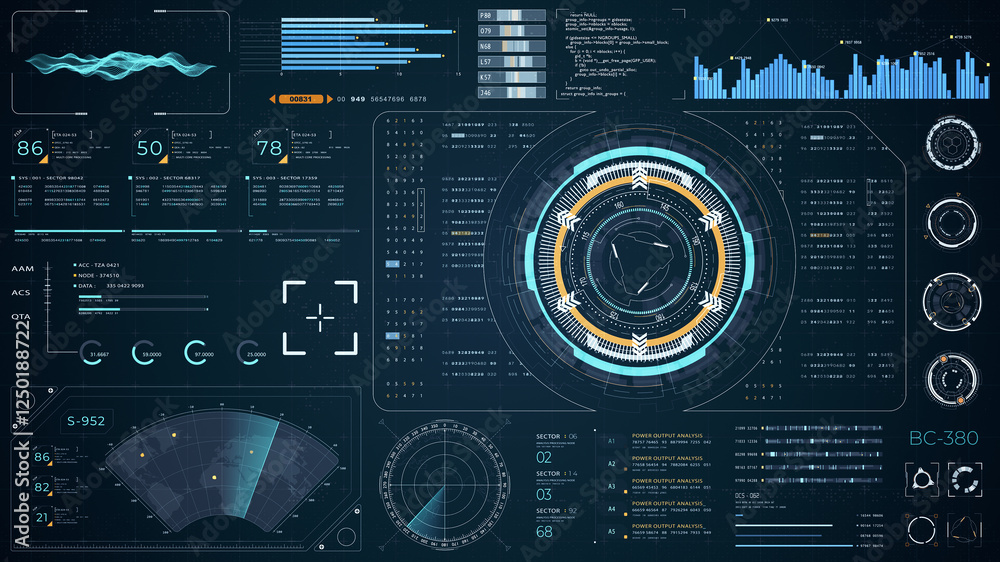 Poster blue digital head up display (hud ui) and circuit panel technology interface screen with futuristic 