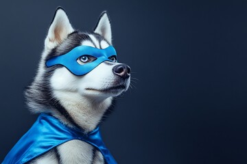 Super Siberian Husky dog in blue superhero cape and mask against dark background.