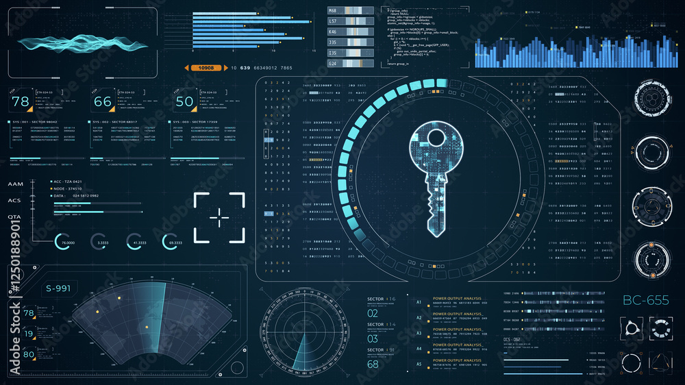 Poster blue digital security key with head up display (hud ui) and circuit panel futuristic abstract backgr