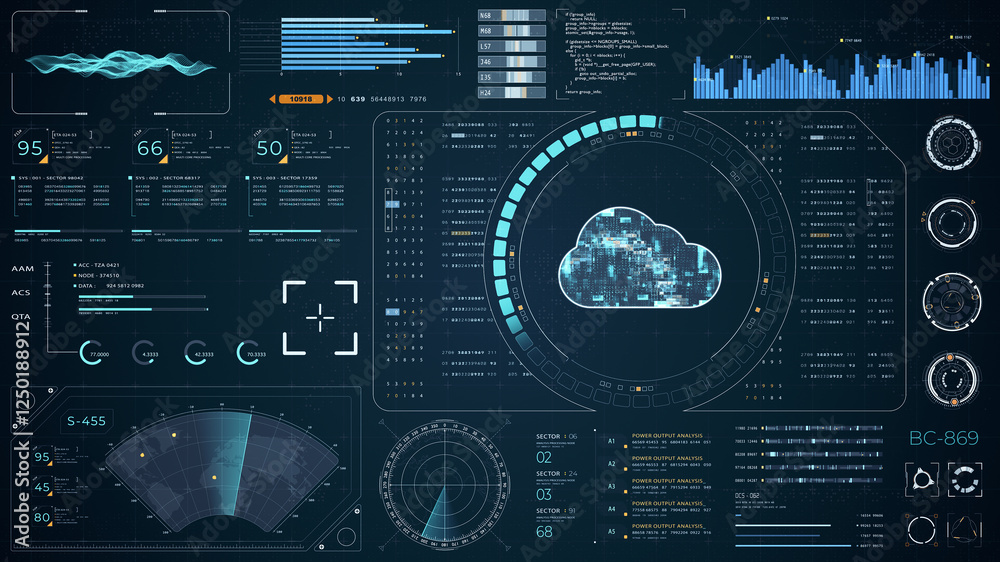 Poster blue digital cloud computing with head up display (hud ui) with circuit panel background and futuris
