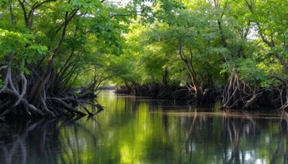 Obraz premium Tranquil Mangrove Forest with Reflective Waters and Lush Greenery