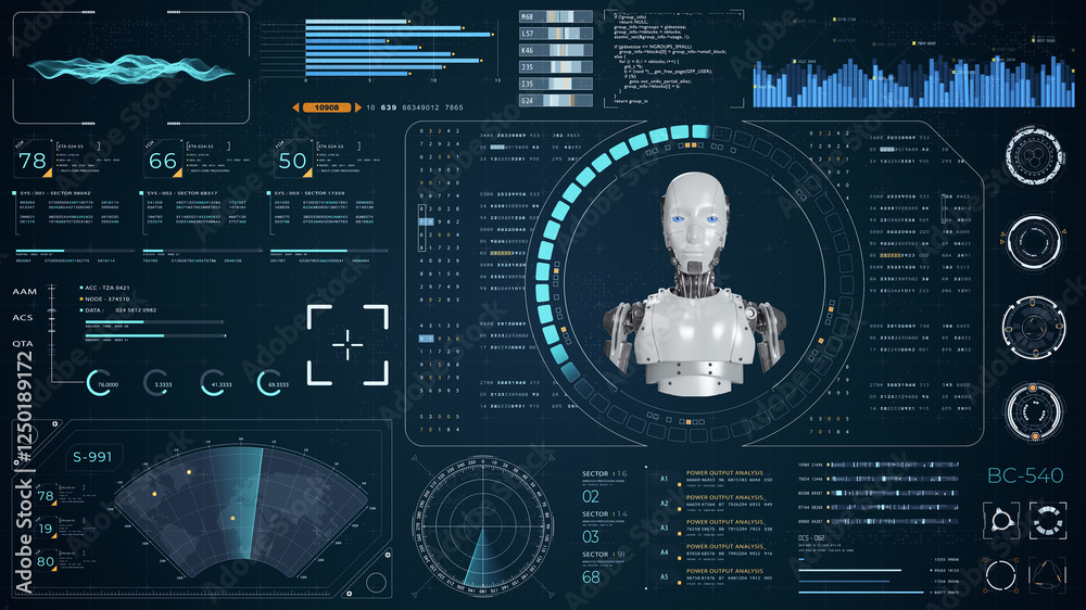 Poster blue digital robot head with head up display (hud ui) and futuristic technology abstract background 