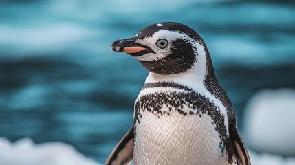 Close-up of a little penguin standing on an ice floe with a frozen sea in the background, Ai generated images