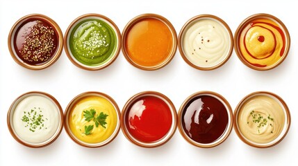 Assortment of Delicious Dips and Sauces in Bowls.