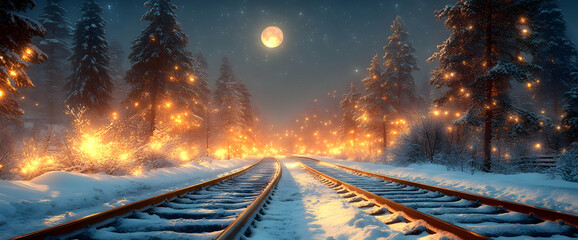 Snowy Train Tracks Through Illuminated Winter Forest