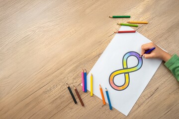A hand coloring a rainbow infinity symbol on a white sheet of paper with colored pencils scattered around. Autism awareness concept.