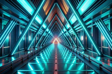 Obraz premium Futuristic Teal Neon Corridor: Sci-Fi Architecture, Glowing Triangles, Urban Exploration