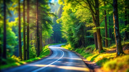 Obraz premium Tilt-Shift Photography of an Asphalt Road Through a Lush Forest in the Highlands, Capturing Serene Nature, Scenic Landscapes, and Vibrant Greenery