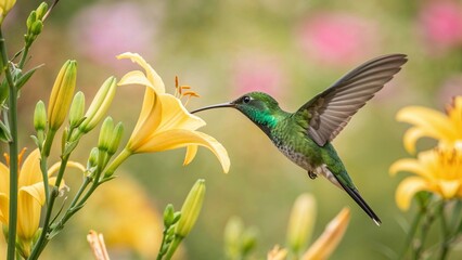 Fototapeta premium Hummingbird sipping nectar from a bloom, stunning emerald green bird extending beak into vibrant yellow lily with soft bokeh