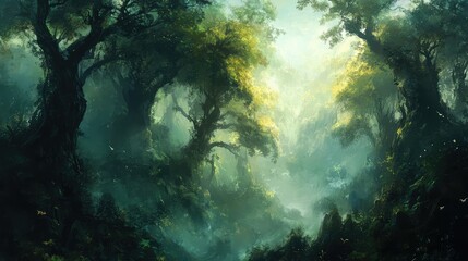 Obraz premium Enchanting Forest Landscape with Lush Greenery, Soft Light Filtering Through Tree Canopy, Misty Atmosphere, and Vibrant Foliage Evoking Serenity and Tranquility