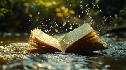 Open Magic Book Symbolizing Harmony of Water and Land in Minimalist Composition