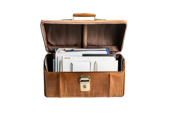 brown leather briefcase with documents and folders on transparent background - Powered by Adobe