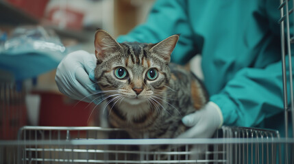 Free Feral Cat Spay Day, A stray cat being taken out of the cage after a sterilization procedure, a veterinarian is checking its health, Ai generated images