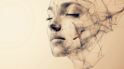 Abstract representation of a serene face, blending human features with artistic lines.