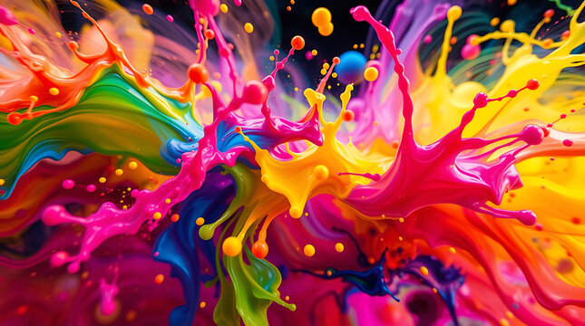 8K ultra HD desktop wallpaper background presenting dynamic colorful paint splash abstract art in vibrant hues, using long exposure time photography, surreal infrared tones, otherworldly appearanc