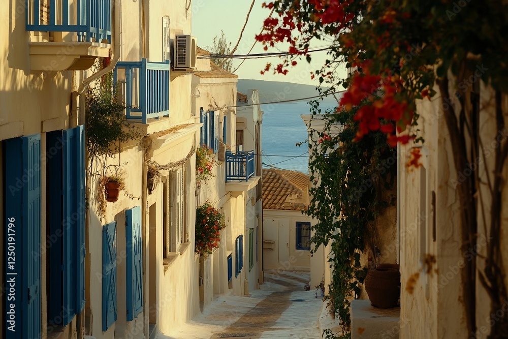 Poster Sunny coastal street with whitewashed houses, blue shutters, and vibrant bougainvillea.