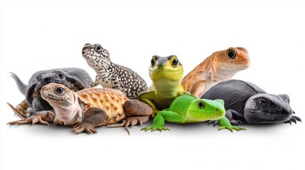 Obraz premium Colorful Collection of Exotic Reptiles and Amphibians on White Background