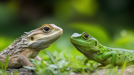 Fototapeta premium Colorful Lizard and Green Frog Portrait in Natural Habitat