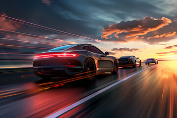 A captivating image of sleek, modern cars racing down a highway at sunset, with vibrant orange and pink hues lighting up the sky, showcasing the thrill of speed and the beauty of the landscape.